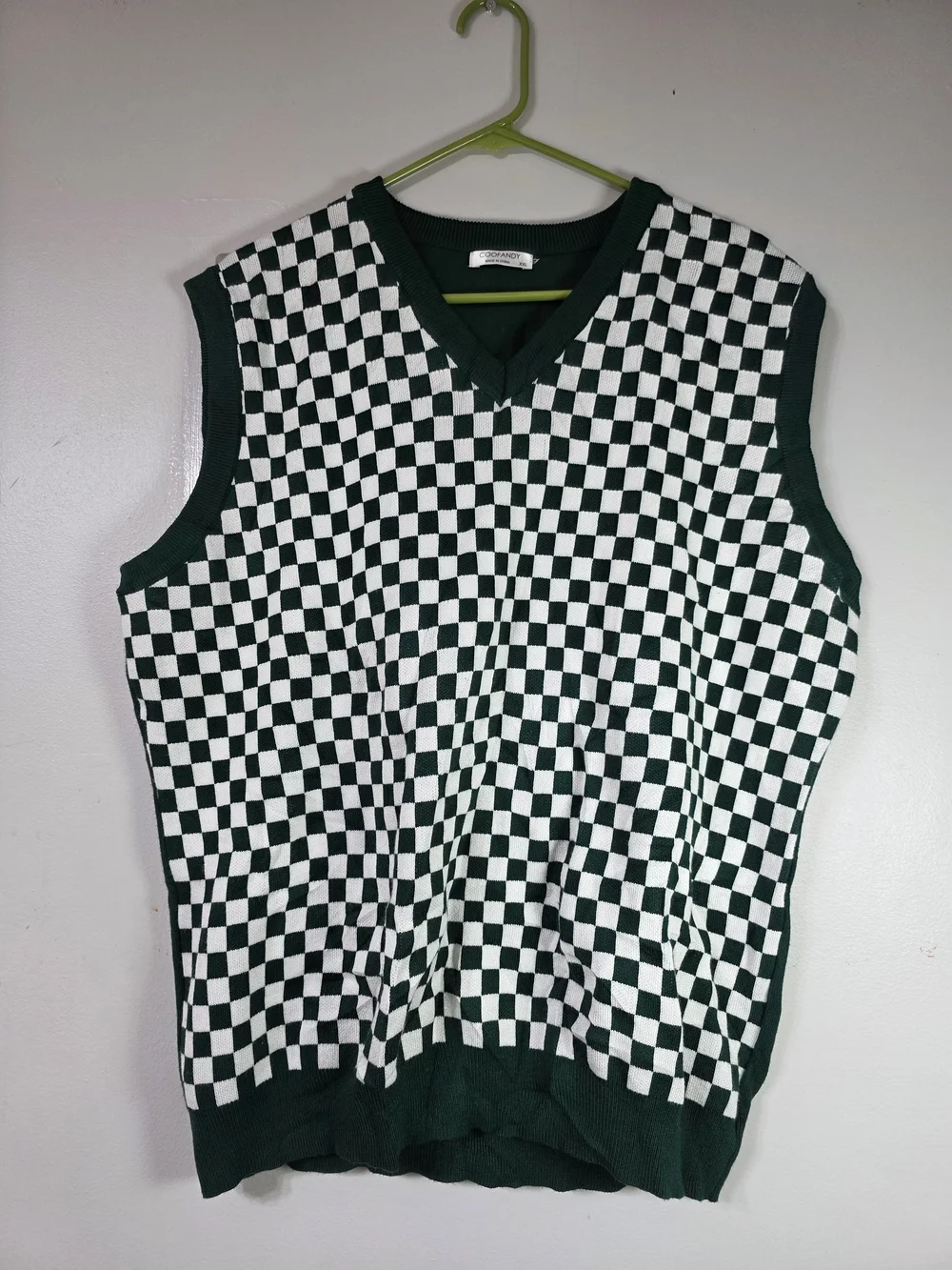 Checkerboard Knit Vest - Dark Green & White